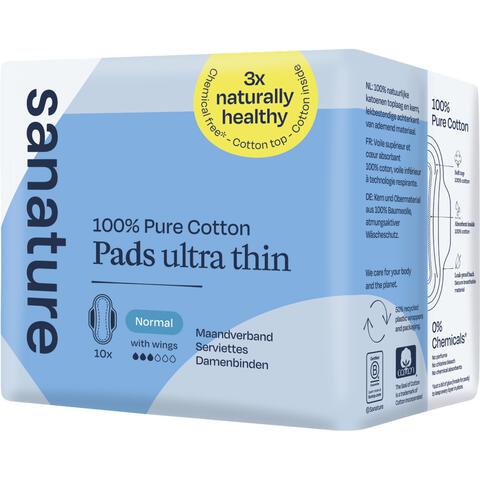 Sanature 100% Katoenen Maandverband Ultra Normaal Met Vleugels 10 stuks