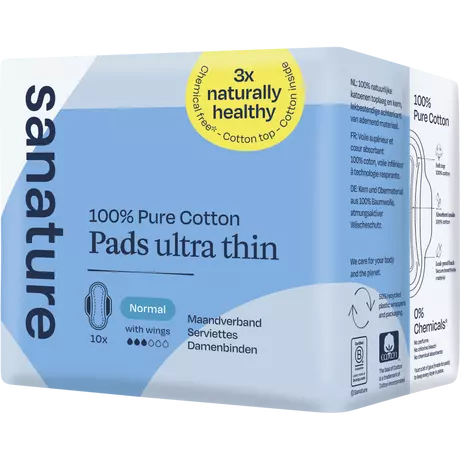 Sanature 100% Katoenen Maandverband Ultra Normaal Met Vleugels 10 stuks