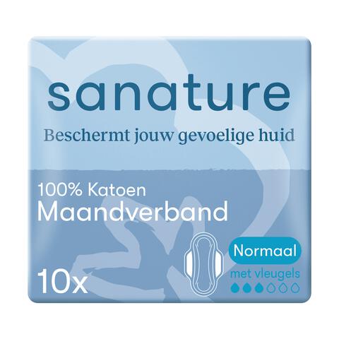 Sanature 100% Katoenen Maandverband Ultra Normaal Met Vleugels 10 stuks