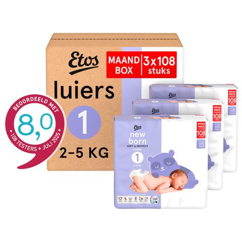 Etos Luiers Newborn Maat 1 2-5 kg Maandbox 324 Stuks