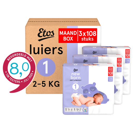 Etos Luiers Newborn Maat 1 2-5 kg Maandbox 324 Stuks