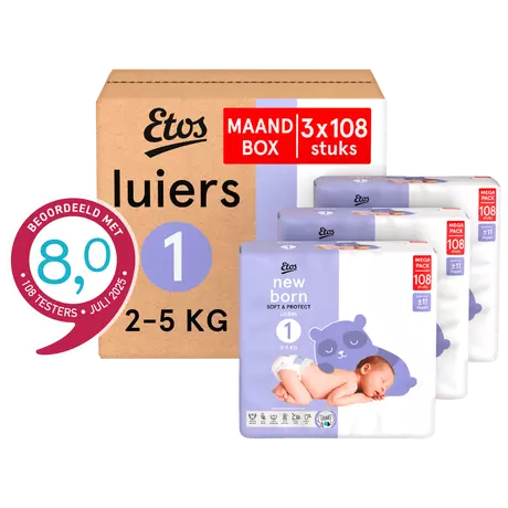 Etos Luiers Newborn Maat 1 2-5 kg Maandbox 324 Stuks