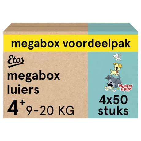 Etos Woezel & Pip Luiers Maxi+ Maat 4+ 9-20 kg Megabox 4x50 stuks