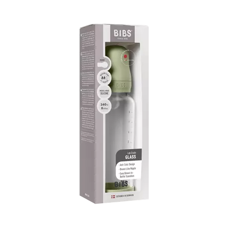 BIBS Babyfles Glas Medium Flow Silicone Sage incl. opvouwbaar trechtertje 240 ML