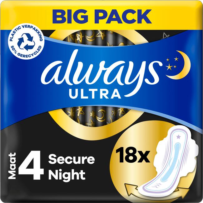 rouw Komkommer stropdas Always Ultra Maandverband Secure Night (maat 4) Vleugels x18 18 EA | Etos