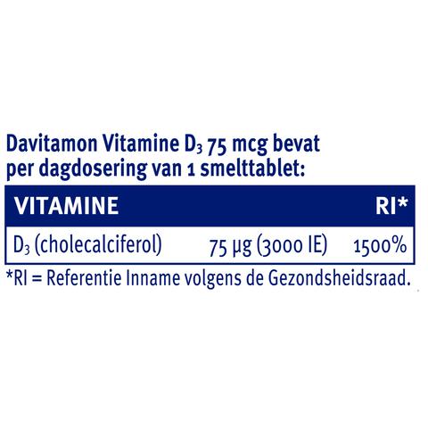 Davitamon Vitamine D3 75 MCG Smelttabletten 60+15 stuks