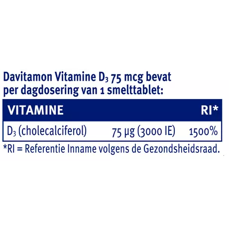 Davitamon Vitamine D3 75 MCG Smelttabletten 60+15 stuks