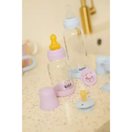 BIBS Babyfles Glas Medium Flow Silicone Sage incl. opvouwbaar trechtertje 240 ML