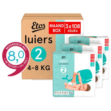 Etos Luiers Mini Maat 2 4-8 kg Maandbox 324 stuks