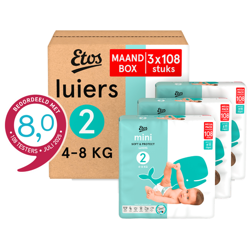 Etos Luiers Mini Maat 2 4-8 kg Maandbox 324 stuks