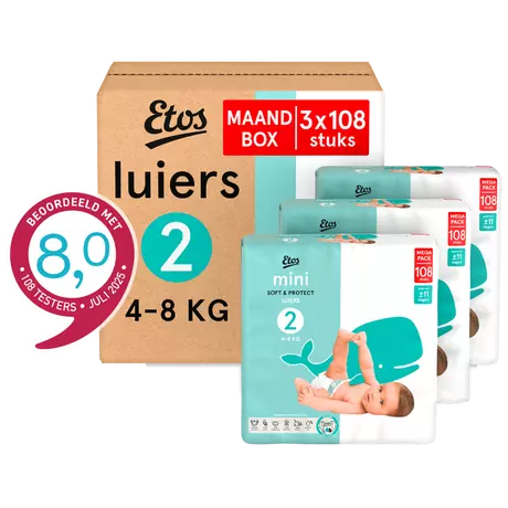 Etos Luiers Mini Maat 2 4-8 kg Maandbox 324 stuks