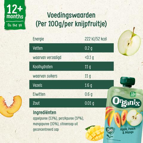 Organix Bio Knijpfruit Appel Perzik Mango 12+ Maanden 100 gram