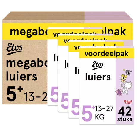 Etos Woezel & Pip Luiers Junior+ Maat 5+ 13-27 kg Megabox Voordeelpak 168 stuks