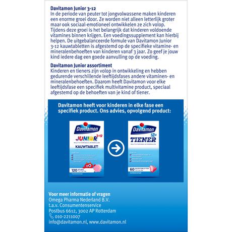 Davitamon Junior 3+ Multivitamine Kinderen Frambozensmaak 120 Kauwvitamines