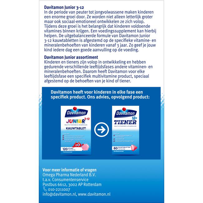 Davitamon Junior 3+ Multivitamine Kinderen Frambozensmaak 120 Kauwvitamines