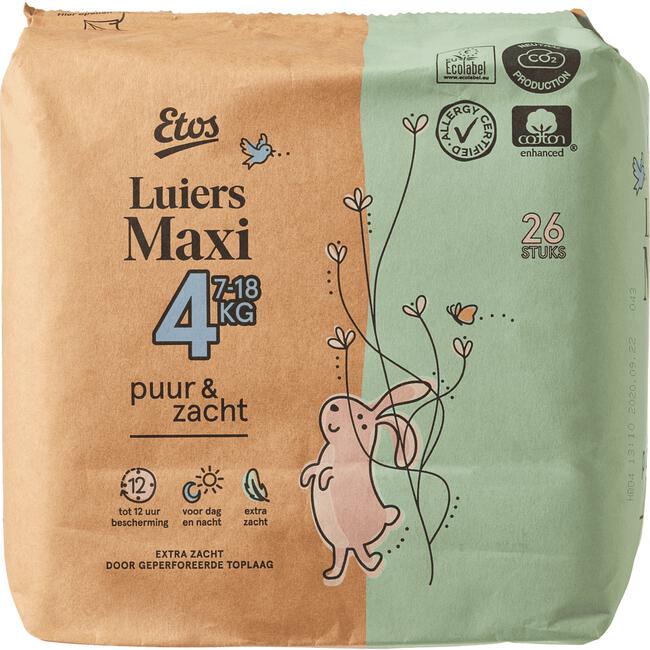 Etos Luiers Maxi Puur & Zacht Maat 4 7-18 kg 26 stuks