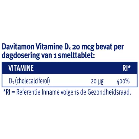 Davitamon Vitamine D3 20 MCG Smelttabletten 60+15 stuks