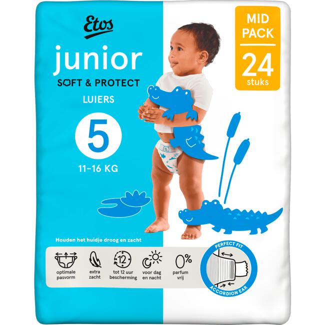 Etos Luiers Junior Maat 5 11-16 kg Mid Pack 24 stuks