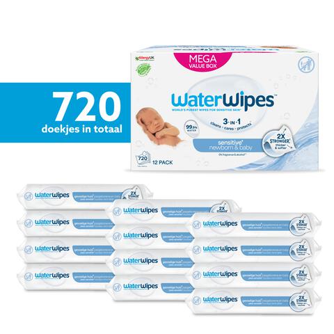 WaterWipes Billendoekjes Plasticvrij Gevoelige Huid Voordeeldoos 12x60 stuks