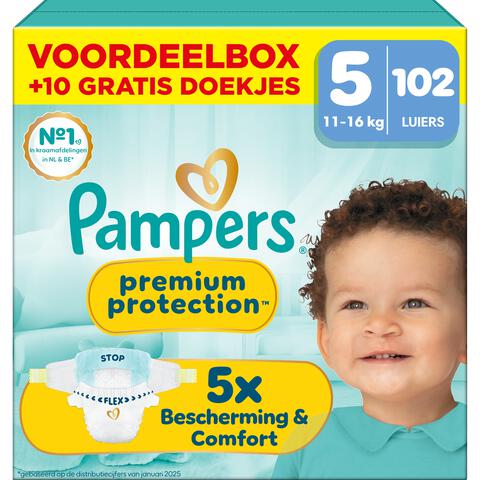 Pampers Premium Protection Voordeelbox Luiers Maat 5 11-16 kg 102 stuks + 10 gratis billendoekjes