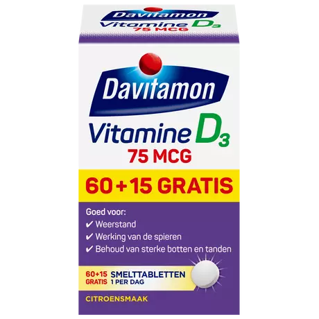 Davitamon Vitamine D3 75 MCG Smelttabletten 60+15 stuks