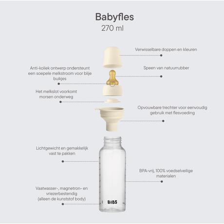 BIBS Babyfles 270 ML Ivory met Latex speen en opvouwbaar trechtertje