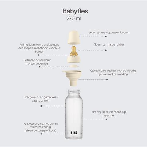 BIBS Babyfles 270 ML Ivory met Latex speen en opvouwbaar trechtertje