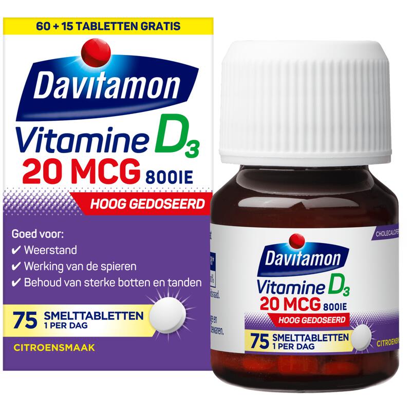 Davitamon Vitamine D3 20 MCG Smelttabletten 60+15 stuks