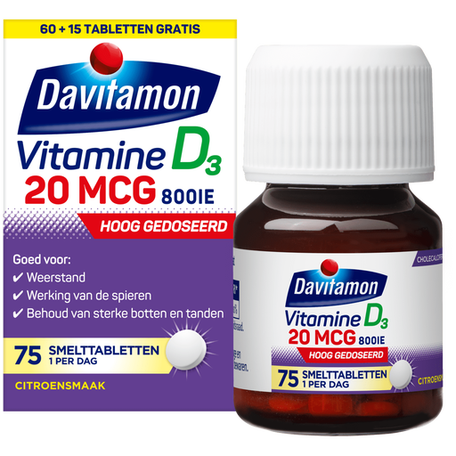 Davitamon Vitamine D3 20 MCG Smelttabletten 60+15 stuks