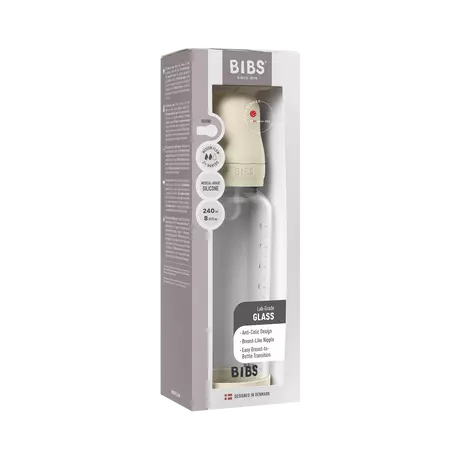 BIBS Babyfles Glas Medium Flow Silicone Ivory incl. opvouwbaar trechtertje 240 ML