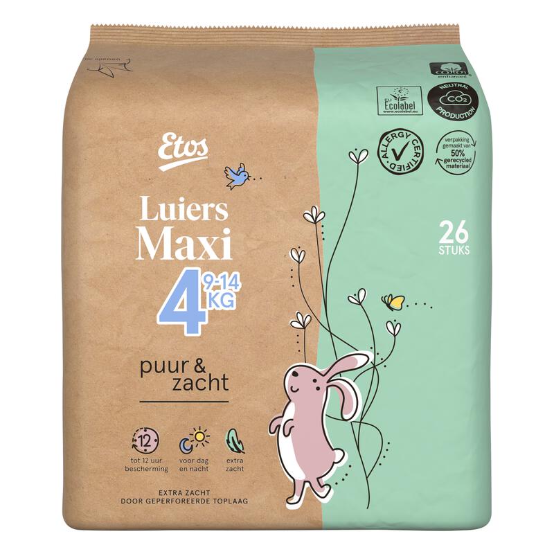 Etos Puur & Zacht Luiers Maxi Maat 4 9-14 kg 26 stuks