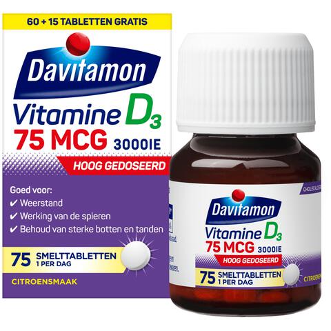Davitamon Vitamine D3 75 mcg Smelttabletten 60+15 stuks
