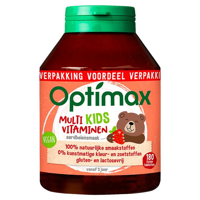 Optimax Kids Multivitaminen Aardbei 180 kauwtabletten