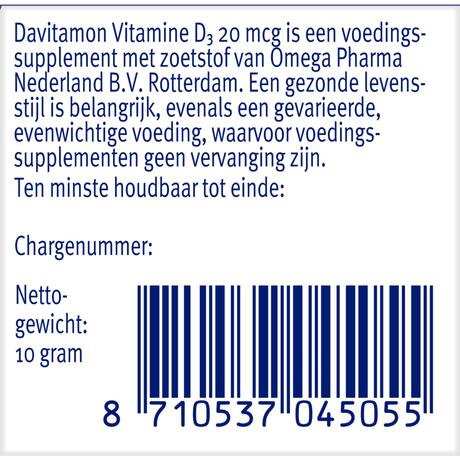 Davitamon Vitamine D3 20 mcg Smelttabletten 60+15 stuks