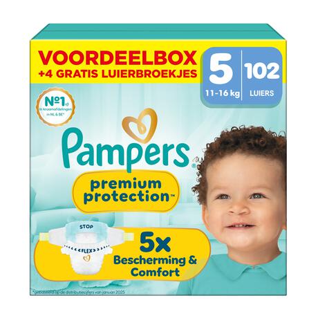 Pampers Premium Protection Voordeelbox Luiers Maat 5 11-16 kg 102 stuks + 4 Gratis Luierbroekjes