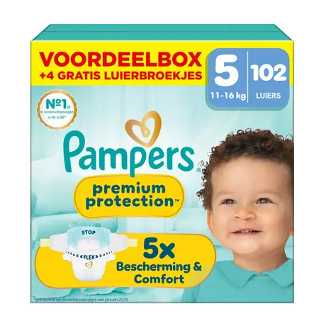 Pampers Premium Protection Voordeelbox Luiers Maat 5 11-16 kg 102 stuks + 4 Gratis Luierbroekjes