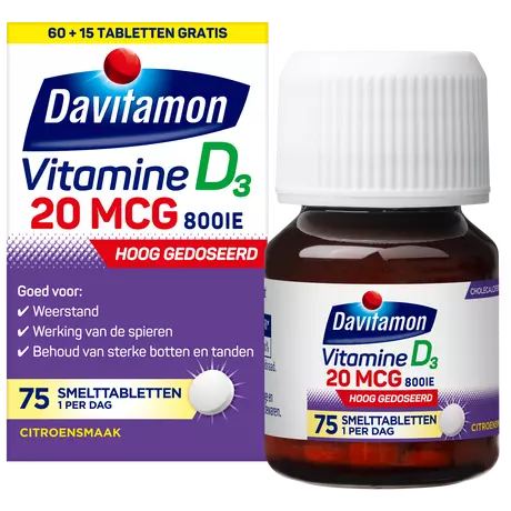 Davitamon Vitamine D3 20 MCG Smelttabletten 60+15 stuks