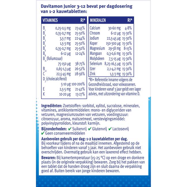 Davitamon Junior 3+ Multivitamine Kinderen 120 Kauwvitamines Frambozensmaak