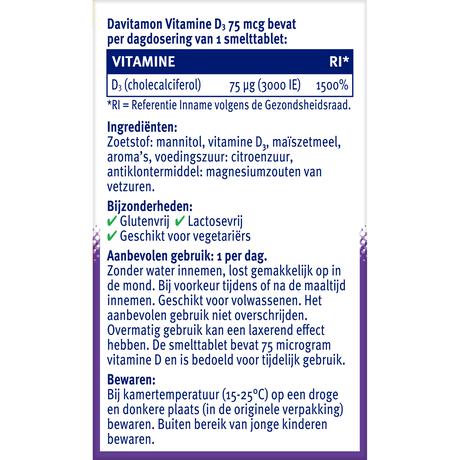 Davitamon Vitamine D3 75 MCG Smelttabletten 60+15 stuks