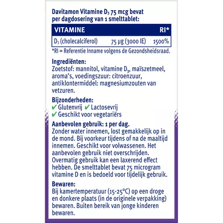 Davitamon Vitamine D3 75 MCG Smelttabletten 60+15 stuks