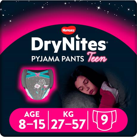DryNites Vrolijke Luierbroekjes Meisjes 9 tot 13 Jaar (27 - 57 kg) 9 stuks