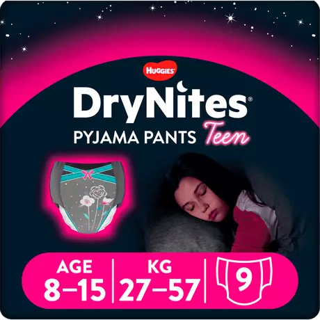 DryNites Vrolijke Luierbroekjes Meisjes 9 tot 13 Jaar (27 - 57 kg) 9 stuks