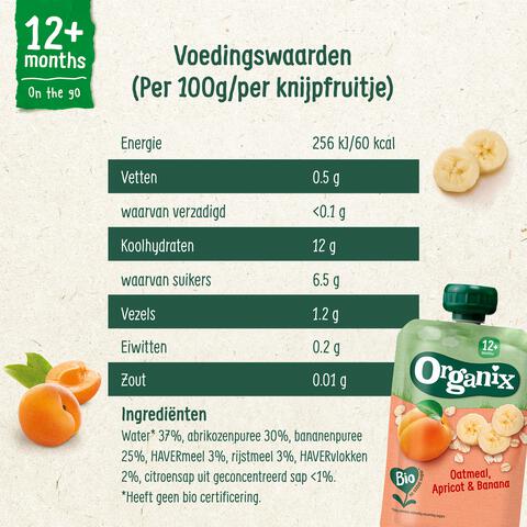 Organix Bio Knijpfruit Haver Abrikoos Banaan 12+ Maanden 100 gram