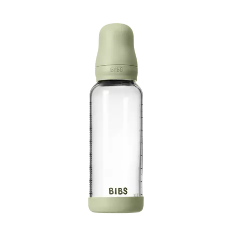 BIBS Babyfles Glas Medium Flow Silicone Sage incl. opvouwbaar trechtertje 240 ML