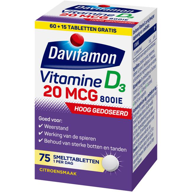 Davitamon Vitamine D3 20 mcg Smelttabletten 60+15 stuks