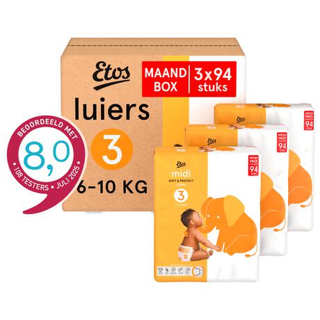 Etos Luiers Midi Maat 3 6-10 kg Maandbox 282 Stuks