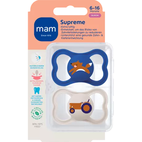 MAM Supreme Fopspenen 6-16 Maanden Blauw 2 stuks