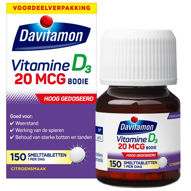 Davitamon Vitamine D3 20 mcg Smelttabletten Voordeelverpakking 150 stuks