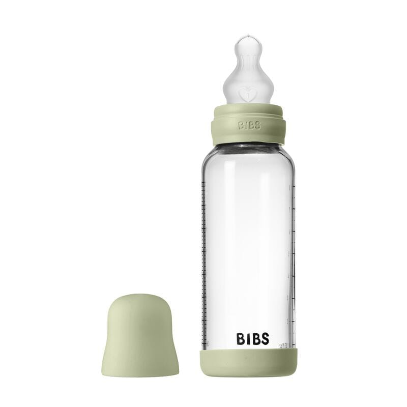 BIBS Babyfles Glas Medium Flow Silicone Sage incl. opvouwbaar trechtertje 240 ML