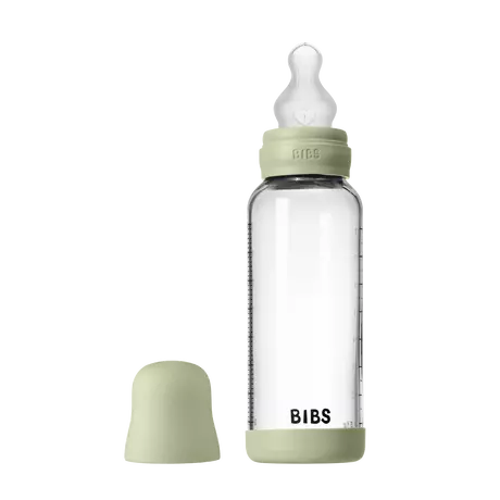 BIBS Babyfles Glas Medium Flow Silicone Sage incl. opvouwbaar trechtertje 240 ML